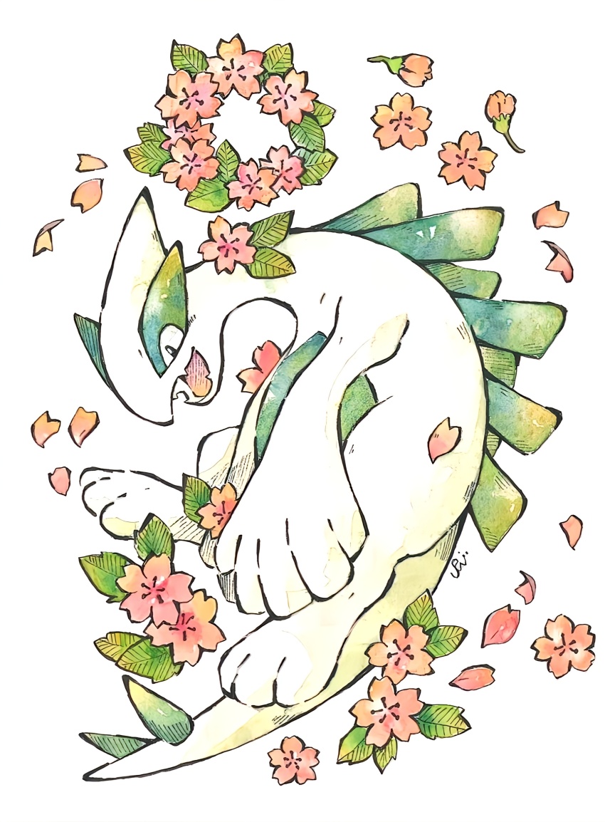 absurdres commentary_request fangs flower flower_wreath full_body gen_2_pokemon highres legendary_pokemon looking_ahead lugia nintendo no_humans open_mouth pink_flower pokemon pokemon_(creature) pokemon_gsc rai_(rai_kw) white_background