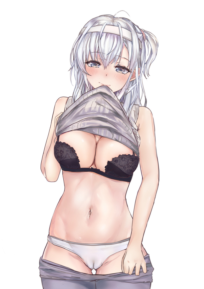 1girl absurdres ahshi_(yingchuan_songshu) black_bra bra breasts cameltoe cleavage closed_mouth clothes_pull covered_erect_nipples embarrassed grey_eyes grey_hair grey_pantyhose hachimaki headband highres kantai_collection large_breasts lifting_own_clothes looking_at_viewer navel open_mouth panties pantyhose pantyhose_pull ribbed_sweater side_ponytail smile solo suzutsuki_(kancolle) sweater underwear white_headwear white_panties