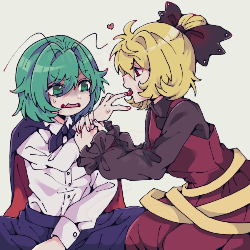 2girls antennae black_bow black_cape black_pants black_shirt blonde_hair bobotatamu bow brown_dress cape collared_shirt cowboy_shot disgust dress fang green_eyes green_hair grey_background hair_bow hair_bun hair_intakes highres kurodani_yamame licking_another&#039;s_finger long_dress long_sleeves looking_at_another multiple_girls open_mouth pants pinafore_dress red_cape ribbon shirt short_hair simple_background single_hair_bun sitting skin_fang sleeveless sleeveless_dress touhou two-sided_cape two-sided_fabric white_shirt wriggle_nightbug yellow_ribbon