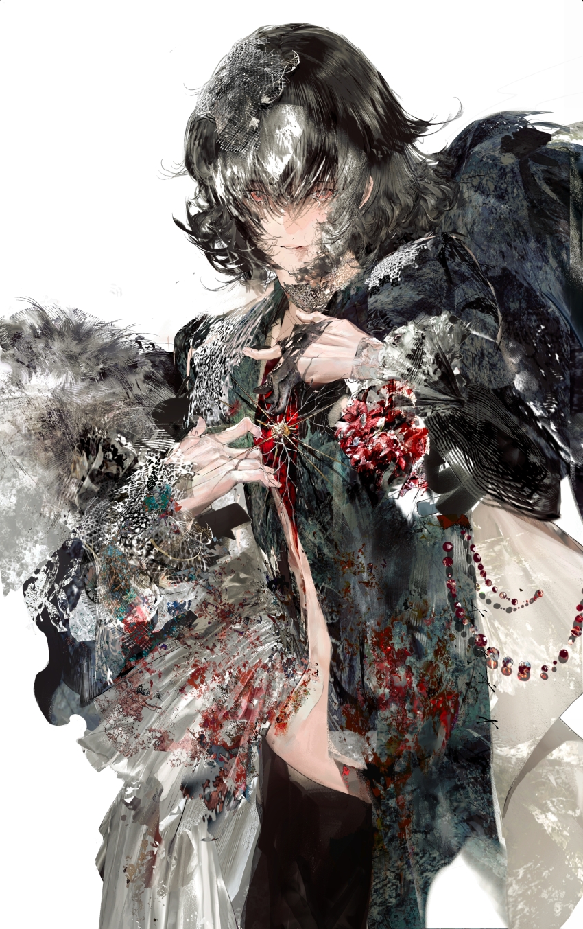 1girl absurdres black_hair black_pants black_shirt blood blood_on_clothes chinese_commentary commentary_request cowboy_shot guro hair_between_eyes highres kui_(necessarytothink) long_sleeves looking_at_viewer necessarytothink original pants procreate_(medium) red_eyes shirt short_hair simple_background solo white_background