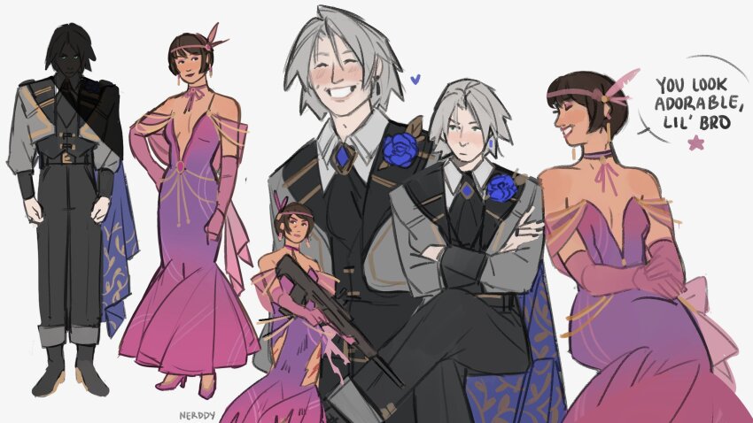 1boy 1girl alternate_costume black_nails blue_cape blue_flower blue_rose blush breasts brown_hair cape choker cleavage crossed_arms dress earrings elbow_gloves english_text final_fantasy final_fantasy_vii final_fantasy_vii_ever_crisis flower gloves grey_hair grin gun heart high_heels highres holding holding_gun holding_weapon jewelry lucia_lin lucia_lin_(entrapment_gown) meme multiple_views nerddynerb official_alternate_costume rose sephiroth sephiroth_(dark_attire) sephiroth_(ever_crisis) short_hair smile speech_bubble weapon why_dis_ninja_look_so_mad_(meme)