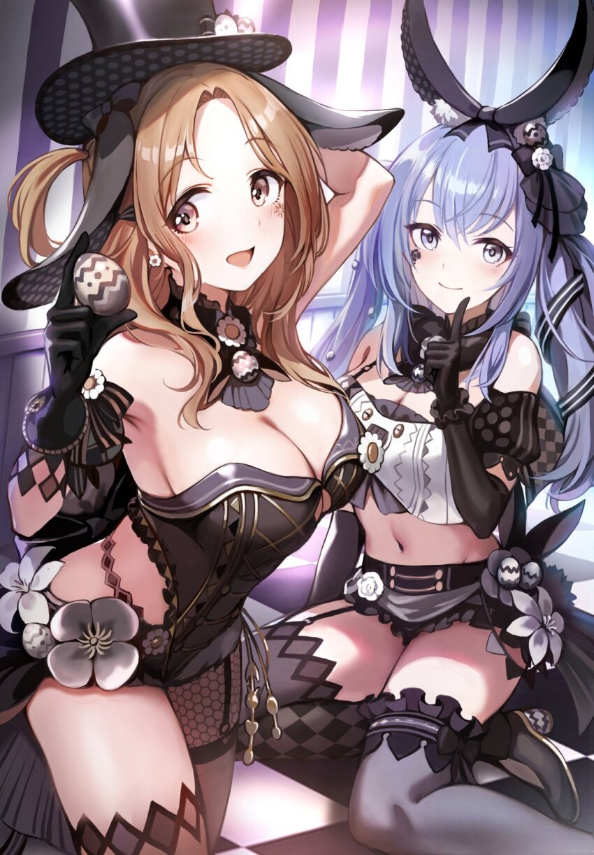 2girls animal_ears armpits asymmetrical_legwear black_gloves black_hat black_leotard black_thighhighs blue_hair blush breasts brown_hair checkered_floor cleavage curtained_hair detached_collar easter_egg egg elbow_gloves fake_animal_ears gloves groin hashtag-only_commentary hat highres ichikawa_hinana idolmaster idolmaster_shiny_colors idolmaster_shiny_colors_song_for_prism index_finger_raised large_breasts leotard long_hair looking_at_viewer mismatched_legwear multiple_girls navel one_side_up rabbit_ears smile stomach suzuki_hana thighhighs tuna_picture twintails very_long_hair