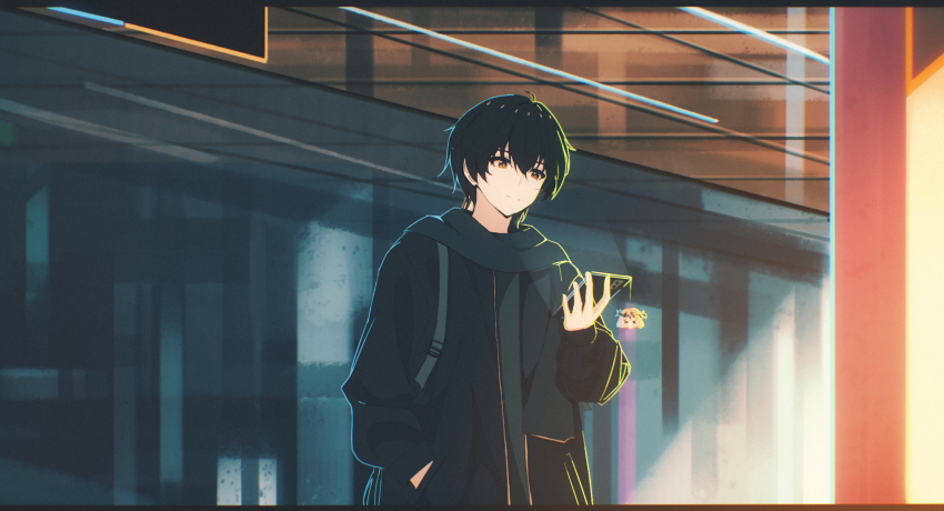 1boy alternate_costume bag black_coat black_hair black_scarf cartethyia_(wuthering_waves) cellphone cellphone_charm charm_(object) chasing_summer closed_mouth coat cube_(wuthering_waves) hand_in_pocket highres holding holding_phone letterboxed long_hair male_focus male_rover_(wuthering_waves) phone rover_(wuthering_waves) scarf shoulder_bag smartphone solo train_station upper_body wuthering_waves yellow_eyes