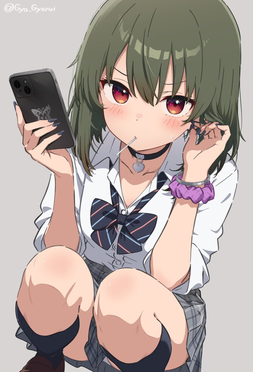 1girl bangle black_bow black_bowtie black_choker black_nails black_socks blush bow bowtie bracelet breasts brown_shoes candy cellphone choker collarbone collared_shirt concept_gyarus_(idolmaster) diagonal-striped_bow diagonal-striped_bowtie diagonal-striped_clothes dot_nose food foot_out_of_frame green_hair grey_background grey_skirt gyaru gyorui_(katsuwo_drawing) hand_in_own_hair hands_up heart heart_choker highres holding holding_phone idolmaster idolmaster_million_live! idolmaster_million_live!_theater_days jewelry loafers lollipop lollipop_in_mouth looking_at_viewer loose_bowtie medium_hair nagayoshi_subaru official_alternate_costume open_collar panties pantyshot phone plaid_clothes plaid_skirt pleated_skirt purple_scrunchie red_eyes school_uniform scrunchie shirt shoes shy sidelocks silver_bangle silver_bracelet simple_background sitting skirt sleeves_rolled_up small_breasts smartphone socks solo squatting straight_hair striped_clothes sweat twitter_username underwear white_panties white_shirt wrist_scrunchie