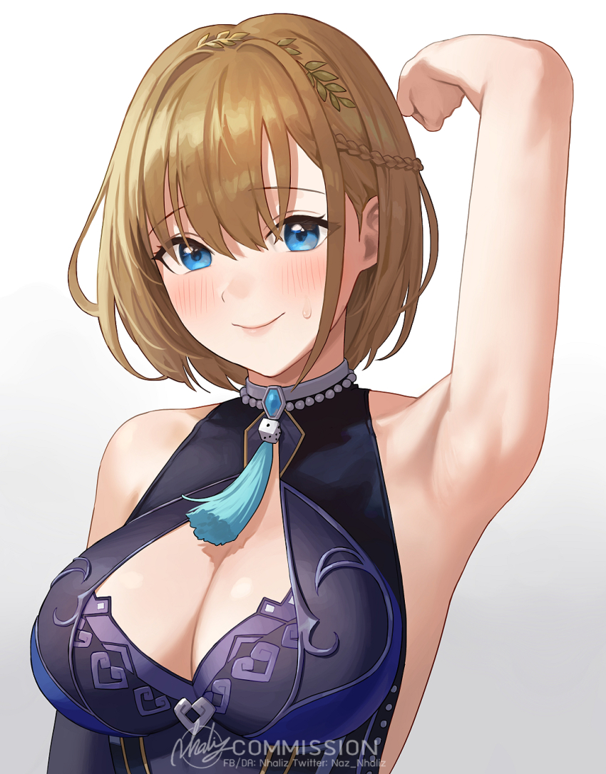 1girl arm_up armpits blonde_hair blue_eyes blush breasts cleavage cosplay dice elbow_gloves genshin_impact gloves highres nhaliz original short_hair simple_background single_glove sleeveless solo sweatdrop tassel yelan_(genshin_impact) yelan_(genshin_impact)_(cosplay)