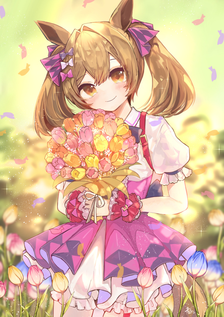 1girl animal_ears artist_name bloomers blue_flower blue_tulip blurry blurry_background bouquet brown_eyes brown_hair closed_mouth collared_shirt commentary cowboy_shot day depth_of_field dress flower frilled_cuffs hair_ribbon harunohotaru highres holding holding_bouquet horse_ears horse_girl horse_tail light_particles looking_at_viewer medium_hair orange_flower outdoors petals pink_dress pink_flower puffy_short_sleeves puffy_sleeves purple_ribbon ribbon shirt short_sleeves signature smart_falcon_(umamusume) smile solo sparkle standing tail tulip twintails umamusume underwear white_bloomers yellow_flower