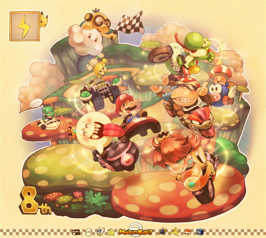 &gt;_&lt; ... 1girl 2boys banana banana_peel biker_clothes bikesuit blooper_(mario) blue_shell_(mario) bob-omb bodysuit boo_(mario) bullet_bill checkered_flag cloud company_connection copyright_name crossover donkey_kong donkey_kong_(series) donkey_kong_country facial_hair flag food fruit funky_kong gen_1_pokemon go-kart green_shell_(mario) handstand happy kart king_boo koopa koopa_troopa lakitu luigi mario mario_(series) mario_kart mario_kart_wii motor_vehicle motorcycle multiple_boys mushroom mustache nintendo pikachu pokemon pokemon_(creature) pow_block princess_daisy racing racing_suit red_shell_(mario) shell smile sui_(petit_comet) super_mario_land super_star super_star_(mario) toad_(mario) tongue tongue_out turtle_shell v vehicle yoshi |_|