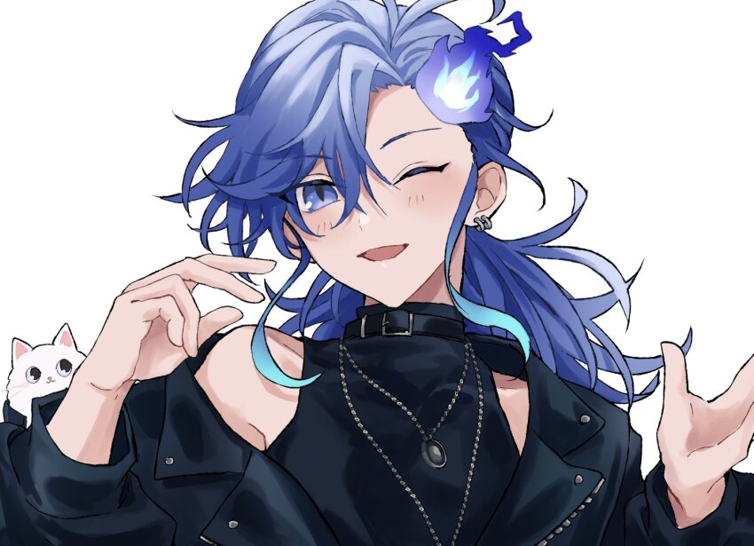 1boy androgynous antenna_hair belt_collar black_collar black_shirt blue_hair blush cat collar earrings eyelashes gradient_hair hair_between_eyes hands_up hashtag-only_commentary hitodama holostars jacket jewelry long_hair long_sleeves looking_at_viewer male_focus minase_rio mioto_(tsubsq_m) multicolored_hair multiple_necklaces off_shoulder one_eye_closed open_mouth portrait purple_eyes purple_hair shirt smile solo virtual_youtuber white_background white_cat