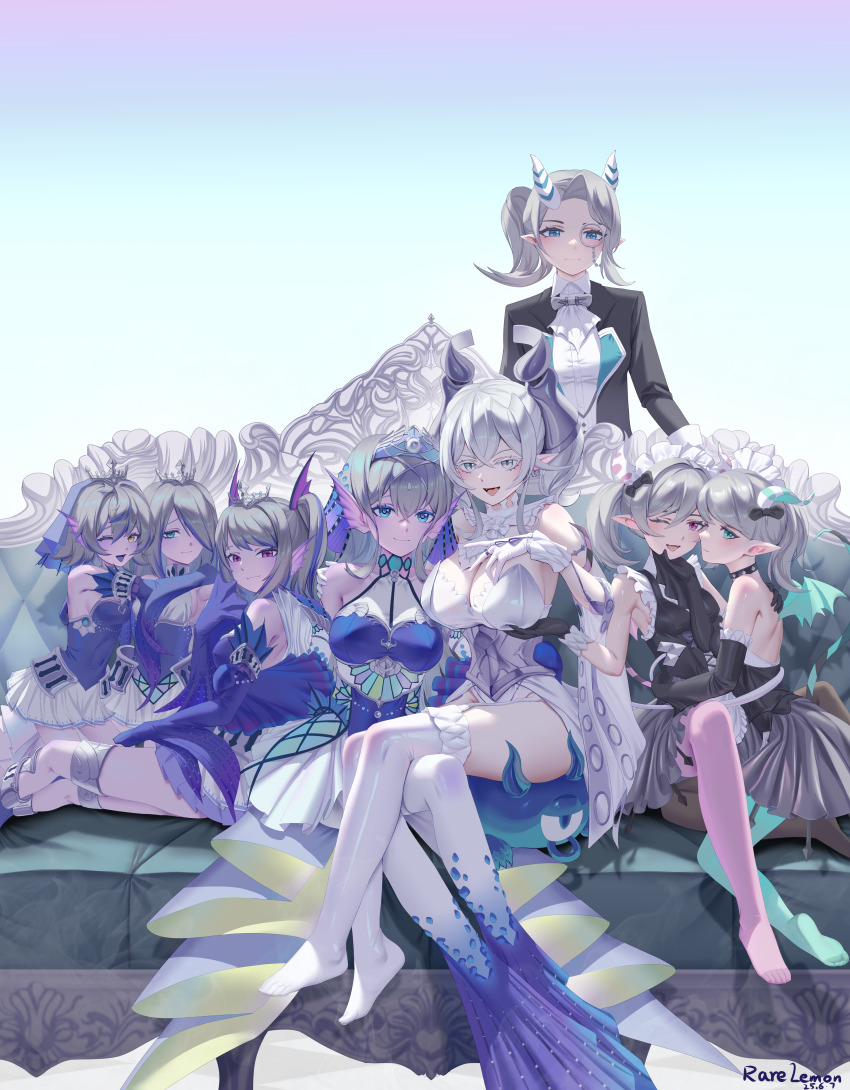 6+girls absurdres apron arianna_the_labrynth_servant arianne_the_labrynth_servant arias_the_labrynth_butler arm_fins bare_shoulders black_gloves blush breasts cleavage closed_mouth collarbone demon_girl demon_horns demon_tail demon_wings detached_collar detached_sleeves dress drill_hair duel_monster earrings fins fish_girl frilled_apron frilled_sleeves frills gloves green_eyes green_pantyhose grey_corset grey_hair hair_between_eyes hair_ornament hair_over_one_eye hand_on_another&#039;s_chin hand_on_breasts head_fins highres horns jewelry kitkallos_(yu-gi-oh!) large_breasts long_hair long_sleeves looking_at_viewer lovely_labrynth_of_the_silver_castle maid maid_apron maid_headdress monocle multiple_girls one_eye_closed open_mouth pantyhose pink_eyes pink_pantyhose pointy_ears rare_lemon short_hair sitting skirt sleeveless sleeves_past_wrists smile tail tearlaments_havnis tearlaments_kitkallos tearlaments_merrli tearlaments_scheiren thighhighs twin_drills twintails white_dress white_eyes white_gloves white_hair white_skirt white_thighhighs white_tiara wings yellow_eyes yu-gi-oh! yuri