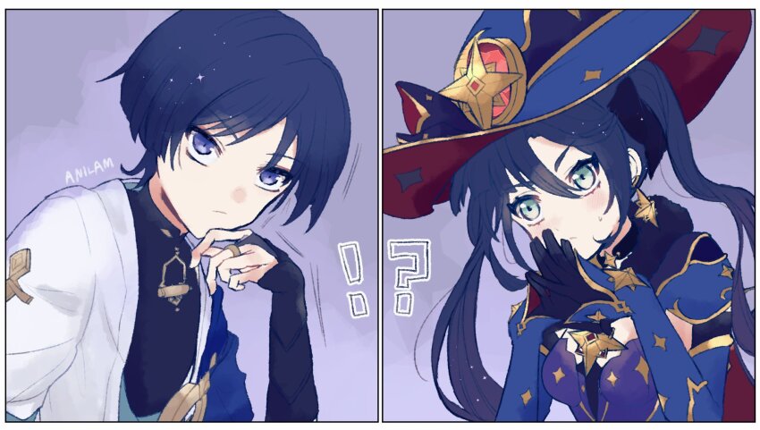 !? 1boy 1girl aqua_eyes armor artist_name black_bodysuit black_bow black_bridal_gauntlets black_choker black_gloves black_hair blue_cape blue_hat blue_kimono blue_sleeves blunt_bangs blunt_ends blush bodysuit bow bridal_gauntlets cape choker closed_mouth crescent crescent_hat_ornament curtained_hair detached_sleeves earrings elbow_gloves eyeliner eyeshadow fur_collar genshin_impact gloves gold gold_ring gold_trim hair_between_eyes hair_bow hair_intakes han&#039;eri hand_up hat hat_bow hat_ornament highres japanese_armor japanese_clothes jewelry kimono kote kurokote layered_kimono layered_sleeves leotard long_hair looking_at_another makeup mandarin_collar middle_ring mona_(genshin_impact) open_clothes open_kimono own_hands_together parted_bangs purple_eyes purple_leotard red_eyeliner red_eyeshadow red_hat remind_lam22 scaramouche_(genshin_impact) short_sleeves shoulder_peek split_screen star_(symbol) star_choker star_earrings star_hat_ornament star_ornament star_pendant star_print steepled_fingers strapless strapless_leotard sweatdrop twintails two-sided_fabric two-sided_headwear upper_body wanderer_(genshin_impact) white_kimono white_sleeves witch_hat