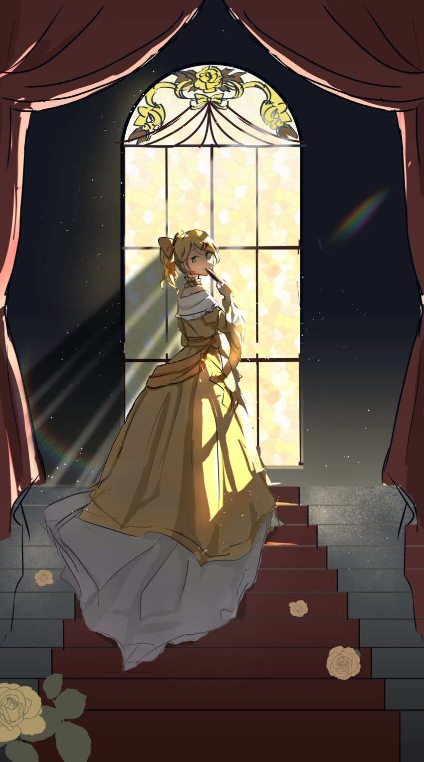 1girl aku_no_musume_(series) aku_no_musume_(vocaloid) bare_shoulders blonde_hair blue_eyes bow choker covered_mouth curtains diffraction_spikes dress evillious_nendaiki flower frilled_choker frilled_dress frills guanguansjdy hair_bow hair_ornament hairclip hand_fan high_ponytail highres holding holding_fan kagamine_rin light_particles looking_at_viewer looking_back off-shoulder_dress off_shoulder ojou-sama_pose petticoat ponytail riliane_lucifen_d&#039;autriche rose smile solo stained_glass stairs swept_bangs turning_head updo vocaloid wide_sleeves window yellow_bow yellow_choker yellow_dress yellow_flower yellow_rose