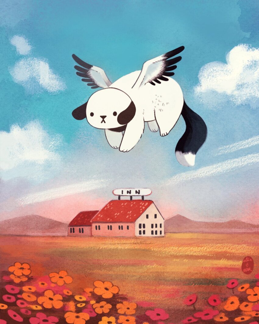 animal artist_name building cloud commentary dog ellievsbear english_commentary flower flying grass highres house inn mountainous_horizon orange_flower original outdoors plant red_flower scenery signature sky solid_circle_eyes solid_eyes solo wings