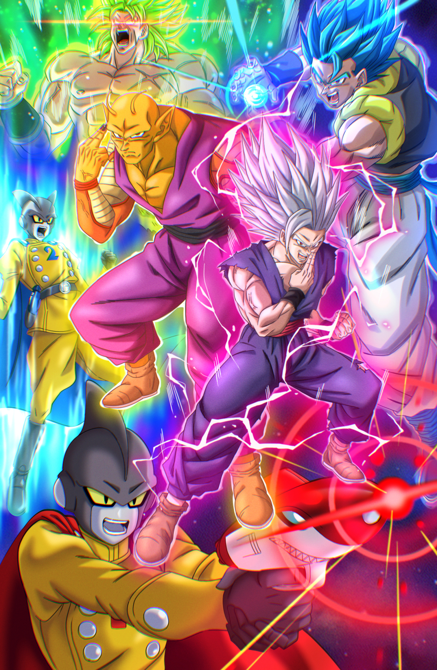 6+boys android aura black_sash black_vest blue_cape blue_eyes blue_hair blue_sash broly_(dragon_ball_super) brown_footwear buraku_black cape colored_sclera colored_skin dragon_ball dragon_ball_super dragon_ball_super_broly dragon_ball_super_super_hero energy_gun finger_on_trigger gamma_1 gamma_2 glowing glowing_eyes gogeta gohan_beast green_hair grey_skin gun highres holding holding_gun holding_weapon jacket kamehameha_(dragon_ball) makankousappou metamoran_vest multiple_boys no_pupils open_mouth orange_piccolo orange_skin pants piccolo powering_up purple_pants purple_shirt red_cape red_eyes red_sash sash scar shirt son_gohan topless_female topless_male vest weapon white_hair white_pants yellow_jacket yellow_sclera