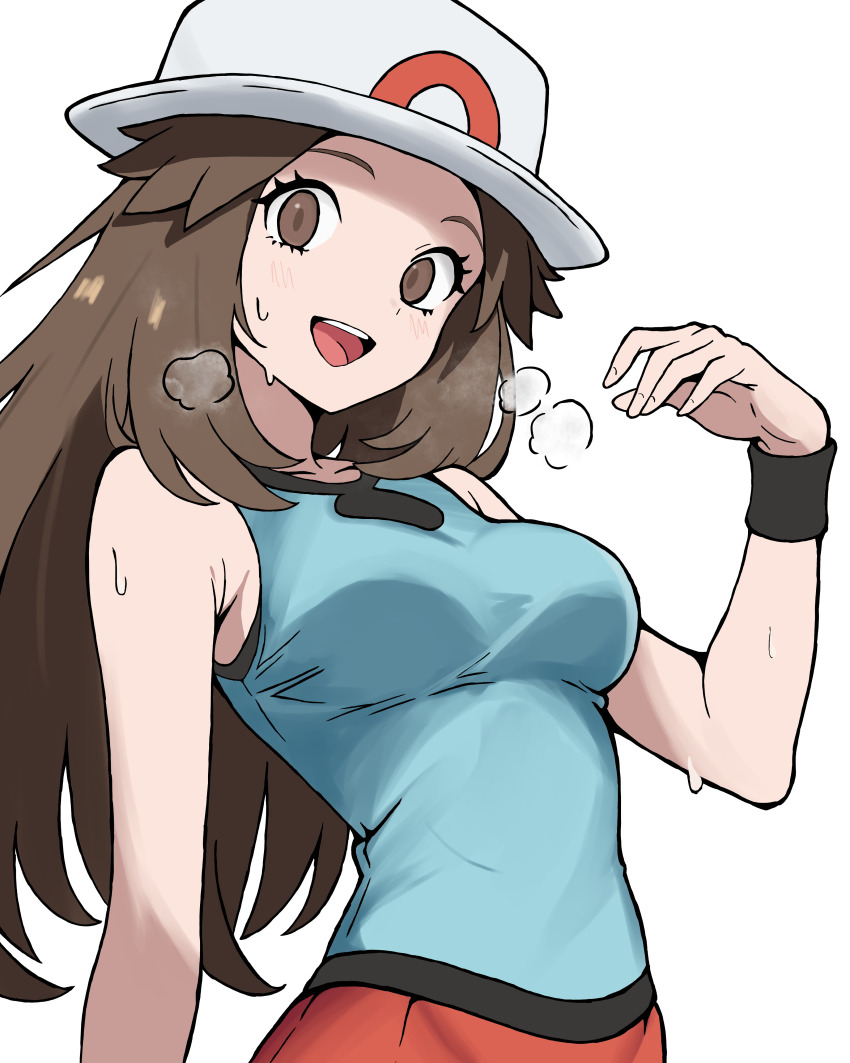 1girl absurdres blue_shirt brown_eyes brown_hair creatures_(company) game_freak hat highres leaf_(pokemon) looking_at_viewer nintendo peace_peace009 pokemon pokemon_frlg shirt simple_background solo sweat white_background