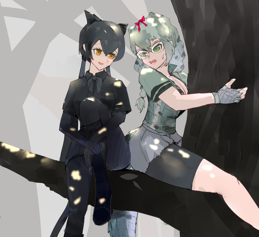 2girls animal_ears bare_arms bike_shorts bike_shorts_under_shorts black_bow black_bowtie black_hair black_leopard_(kemono_friends) black_shirt black_shorts black_skirt bodystocking bow bowtie braid branch breasts cleavage collared_shirt crocodilian_tail dappled_sunlight day fingerless_gloves fog glasses gloves green_eyes green_hair grey_gloves grey_shorts hair_between_eyes hair_bow in_tree kemono_friends kemono_friends_2 knee_up large_breasts leopard_ears leopard_girl leopard_tail long_hair looking_at_another microskirt multicolored_hair multiple_girls nervous orange_eyes outdoors parted_lips red_bow shirt short_shorts short_sleeves shorts shorts_under_shorts sitting sitting_in_tree skirt smile spectacled_caiman_(kemono_friends) sunlight tail tree twin_braids twintails very_long_hair vest wing_collar yappa_muri