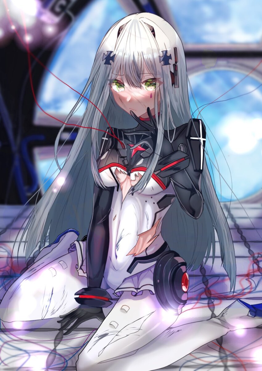 1girl between_legs black_bodysuit bodysuit breasts closed_mouth collarbone commentary_request cross_hair_ornament crossed_bangs earth_(planet) facial_mark facial_tattoo finger_to_mouth finger_to_own_chin full_body girls&#039;_frontline gradient_hair green_eyes grey_hair hair_ornament hair_over_breasts hair_over_shoulder hand_between_legs hand_on_ground headgear high_heels highres hk416_(girls&#039;_frontline) hk416_(midnight_evangelion)_(girls&#039;_frontline) indoors injury long_hair looking_at_viewer medium_breasts multicolored_bodysuit multicolored_hair on_floor outstretched_foot parted_bangs planet sidelocks sitting solo space space_station tattoo teardrop teardrop_facial_mark teardrop_tattoo torn_bodysuit torn_clothes very_long_hair wariza white_bodysuit white_hair yossi_art