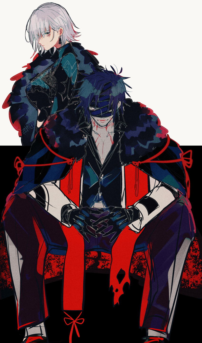 1boy 1girl absurdres alternate_costume bandage_over_one_eye black_dress black_eyes black_gloves black_hair black_pants black_shirt breasts chiemon_(fate) closed_mouth dress earrings fate/samurai_remnant fate_(series) fur-trimmed_jacket fur_trim gloves grey_hair highres jacket jacket_on_shoulders jeanne_d&#039;arc_alter_(lancer)_(fate) jewelry large_breasts long_sleeves looking_at_viewer open_mouth pants red_scarf scarf shirt short_hair sitting u_5ham0 upper_body yellow_eyes