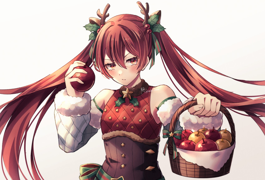 1girl antlers apple bare_shoulders basket blush closed_mouth deer_antlers fake_antlers fire_emblem fire_emblem_awakening fire_emblem_fates food fruit fur_trim gambeson golden_apple hair_ornament highres holding holding_basket holding_food holding_fruit holly_hair_ornament horns nintendo official_alternate_hair_color red_eyes red_hair reia_hana reindeer_antlers ribbon selena_(fire_emblem_fates) selena_(winter)_(fire_emblem_fates) severa_(fire_emblem) solo star_(symbol) tsundere twintails white_background
