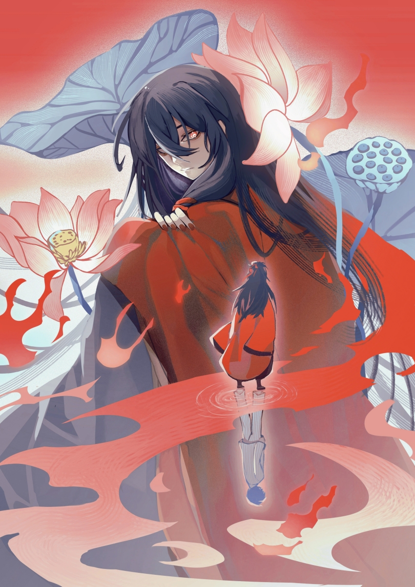 3boys absurdres alternate_universe bandaged_leg bandages black_hair black_hanfu black_pants black_shoes chinese_clothes closed_mouth coat dao_gui_yi_xian different_reflection fire flower giant giant_male hair_between_eyes hair_bun hair_down hair_ribbon hanfu highres hospital_gown ji_zai knees_up li_huowang li_huowang_(modern_world) long_hair long_sleeves looking_at_another lotus lotus_leaf lotus_pod male_focus multiple_boys multiple_persona nail_polish official_alternate_costume official_alternate_hair_length official_alternate_hairstyle pants pink_flower red_background red_coat red_eyes red_nails red_ribbon reflection reflective_water ribbon ripples robe shirt shoes short_hair single_hair_bun sitting size_difference sleeves_past_wrists standing striped_clothes striped_pants striped_shirt vertical-striped_clothes vertical-striped_pants vertical-striped_shirt very_long_hair white_pants white_shirt wide_sleeves wuzi3742