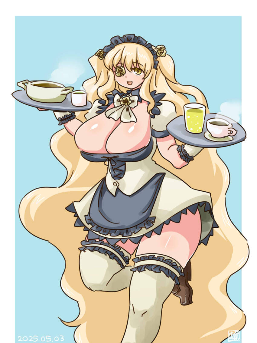 1girl alternate_breast_size alternate_costume apron black_apron blonde_hair blue_background breasts brown_shoes coffee commentary_request cup dated dress enmaided flower flower_over_eye foot_out_of_frame frilled_apron frilled_thighhighs frills hair_flower hair_ornament highres holding holding_tray huge_breasts itini-sanshi kirakishou long_hair looking_at_viewer maid maid_headdress open_mouth rose rozen_maiden shoes smile solo standing standing_on_one_leg teacup thighhighs tray two-tone_background two_side_up very_long_hair wavy_hair white_dress white_thighhighs yellow_eyes yellow_flower yellow_rose