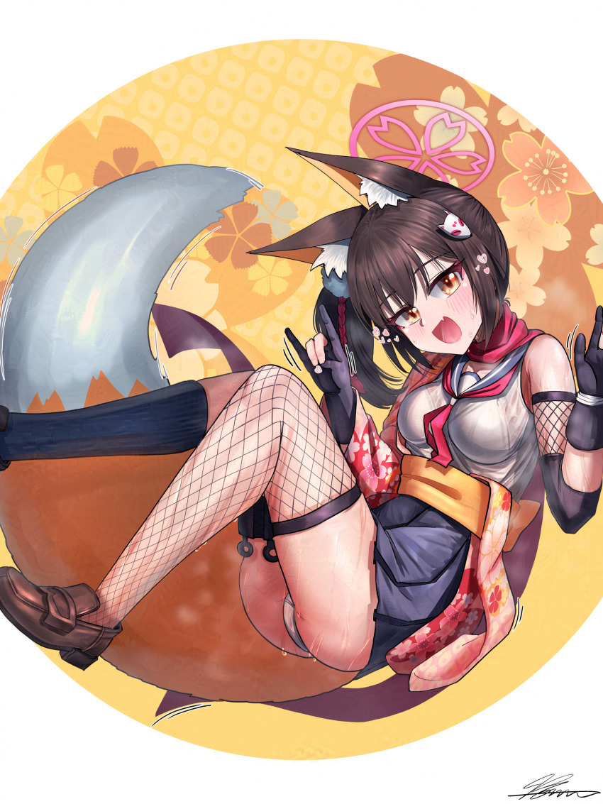1girl absurdres alternate_hairstyle animal_ear_fluff animal_ears asymmetrical_legwear blue_archive boots breasts brown_boots brown_hair commentary_request double_fox_shadow_puppet fang fishnets fox_ears fox_girl fox_hair_ornament fox_shadow_puppet fox_tail gloves halo highres izuna_(blue_archive) japanese_clothes korean_commentary kunai medium_breasts mismatched_legwear panties partially_fingerless_gloves pink_halo pink_scarf scarf school_uniform side_ponytail single_thighhigh skin_fang skirt solharuu solo tail thighhighs underwear weapon white_panties