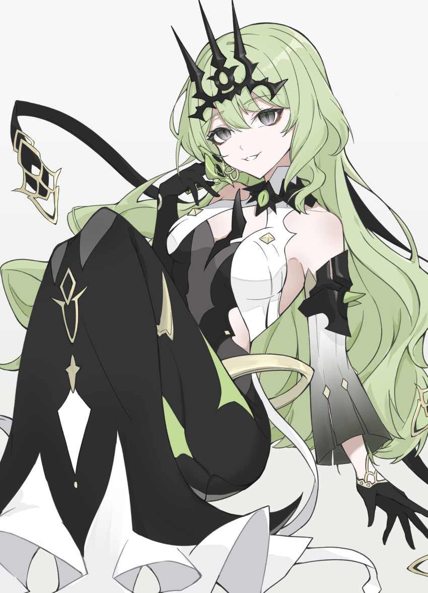1girl absurdres asymmetrical_gloves black_gloves black_tiara breasts dress earrings elbow_gloves gloves green_hair grey_dress highres honkai_(series) honkai_impact_3rd jewelry long_hair mobius_(honkai_impact) parted_lips revealing_clothes simple_background slit_pupils small_breasts solo spikes tiara torein_(and_rain3) twitter_username uneven_gloves very_long_hair white_background