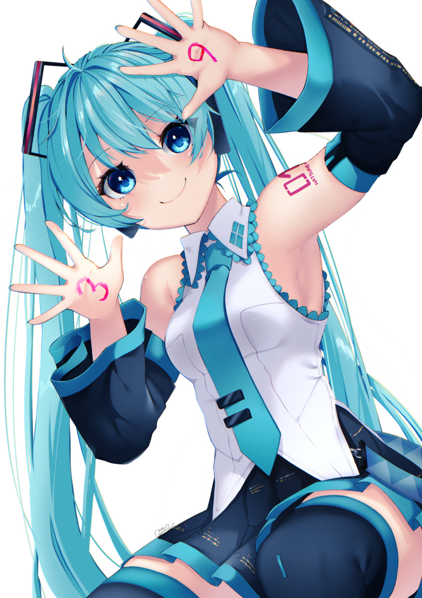1girl 39 absurdres aqua_eyes aqua_hair bare_shoulders black_skirt blue_eyes blue_hair blue_necktie blush body_writing closed_mouth collared_shirt cyan_paint detached_sleeves hair_between_eyes hair_ornament hatsune_miku highres long_hair looking_at_viewer miku_day necktie open_hand open_mouth pleated_skirt shirt shoulder_tattoo simple_background skirt smile solo tattoo thighhighs twintails very_long_hair vocaloid white_background white_shirt zettai_ryouiki