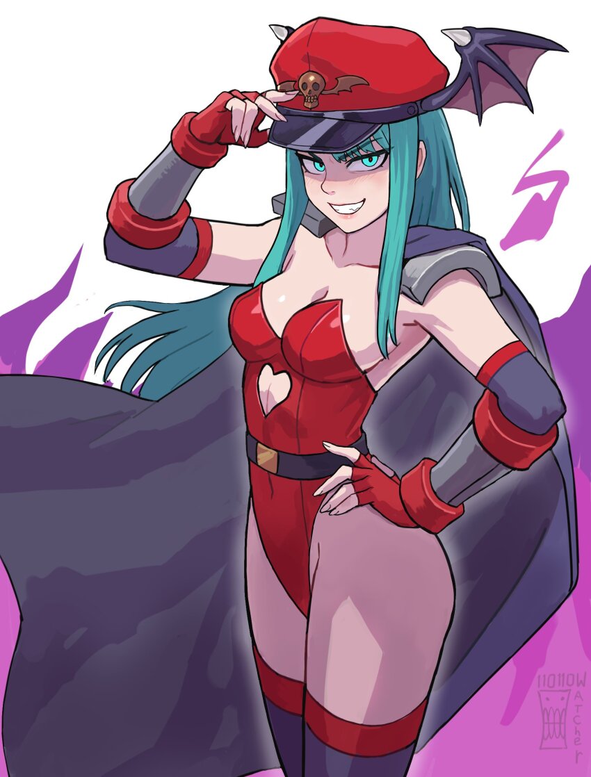 1girl absurdres breasts capcom cape company_connection cosplay darkstalkers green_eyes green_hair green_hat hat head_wings highleg highleg_leotard highres leotard long_hair looking_at_viewer m._bison m._bison_(cosplay) morrigan_aensland pantyhose red_leotard solo strapless strapless_leotard street_fighter watcher_hollow wings
