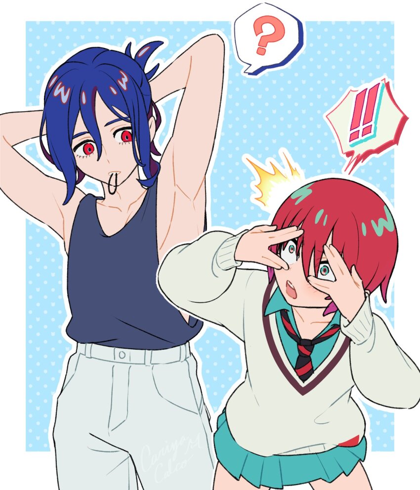 ! !! 1boy 1girl ? amate_yuzuriha aqua_eyes blue_hair blush cariyacalco collared_shirt colored_inner_hair commentary_request cowboy_shot gundam gundam_gquuuuuux hair_tie_in_mouth highres long_sleeves lower_eyelashes_only mouth_hold multicolored_hair necktie open_mouth peeking_through_fingers purple_hair red_eyes red_hair school_uniform shirt short_hair shuji_ito skirt sleeveless speech_bubble spoken_exclamation_mark spoken_question_mark sweater tank_top two-tone_hair wide-eyed
