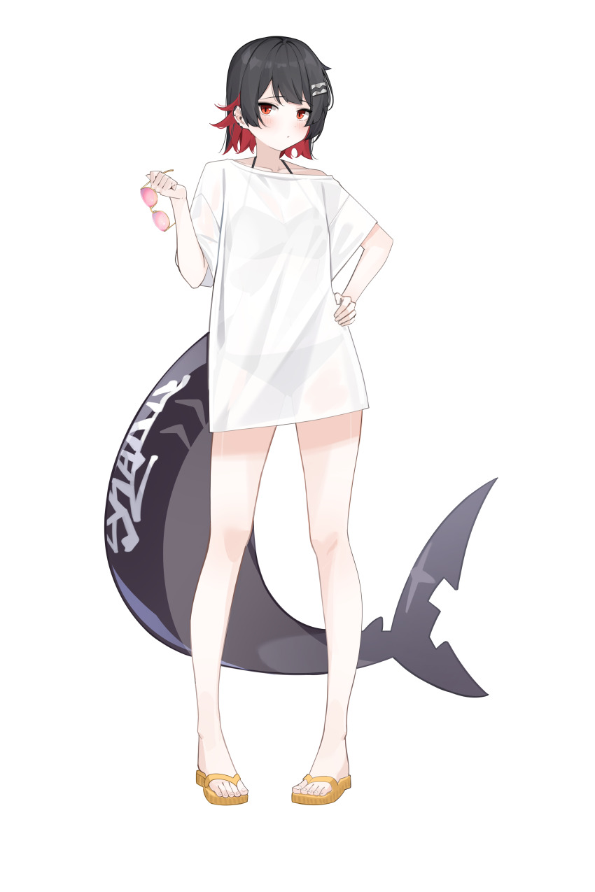 1girl absurdres black_bra black_hair black_panties blush bra colored_inner_hair ellen_joe fins fish_tail flip-flops full_body hand_on_own_hip highres holding holding_removed_eyewear mole mole_under_eye multicolored_hair opm7760 panties razor_blade_hair_ornament red_eyes sandals scar scar_on_tail see-through_clothes see-through_shirt shark_girl shark_tail shirt sunglasses tail underwear unworn_eyewear white_background white_shirt zenless_zone_zero