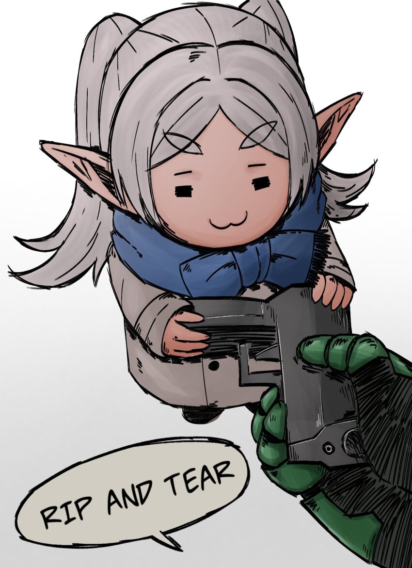 1boy 1girl :3 =_= basedlida chibi coat doom_(series) doomguy elf english_text frieren go_do_a_crime_(meme) gun handgun highres meme pointy_ears rip_and_tear_(phrase) scarf sousou_no_frieren speech_bubble twintails v-shaped_eyebrows weapon white_background