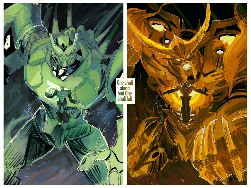 absurdres commentary crossover dc_comics english_commentary english_text extra_eyes floating green_lantern green_lantern_(series) head_tilt highres horns mecha megatron open_mouth optimus_prime primus_(transformers) primusibi robot science_fiction sinestro_corps t-pose transformers unicron v-fin