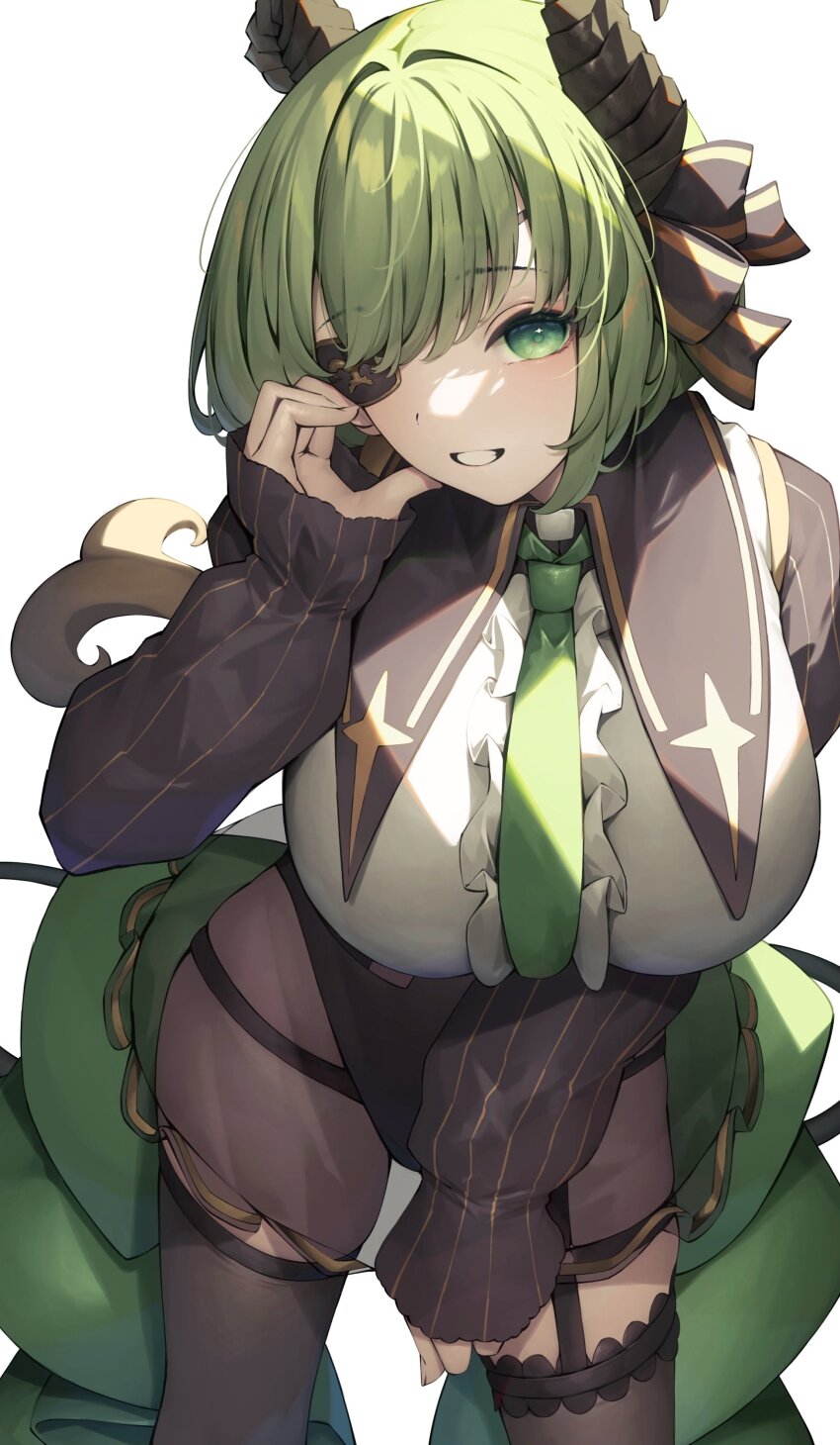1girl absurdres alternate_eye_color aoi_gorilla black_leotard black_thighhighs breasts brown_horns center_frills commentary_request cowboy_shot curled_horns demon_girl demon_horns demon_tail eyepatch frills green_eyes green_hair green_necktie highres horns large_breasts leaning_forward leotard leotard_under_clothes long_sleeves looking_at_viewer nanashi_inc. necktie sekishiro_mico shirt short_hair simple_background solo tail thighhighs virtual_youtuber white_background white_shirt