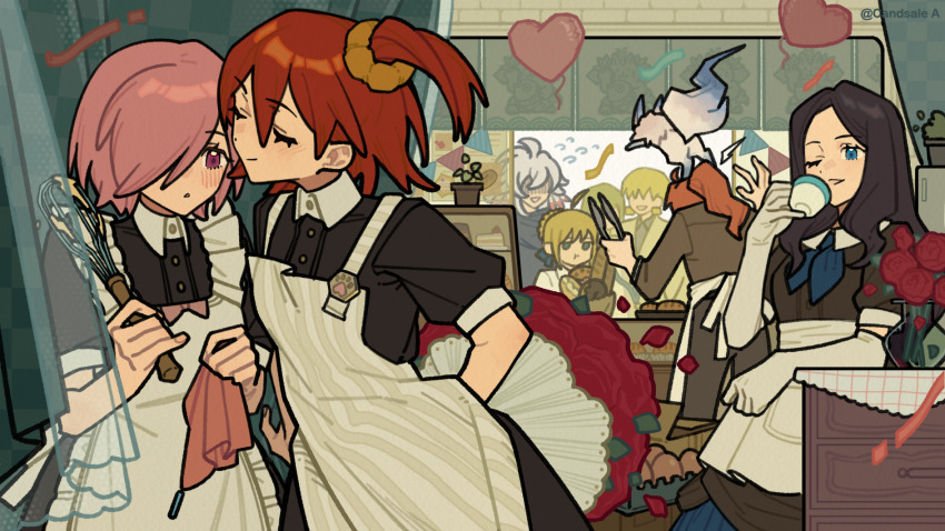 1other 3boys 4girls androgynous apron artist_name artoria_pendragon_(fate) bakery balloon blue_eyes blush bread brown_hair candsale_a chinese_commentary commentary_request cup edmond_dantes_(fate) enkidu_(fate) fate/grand_order fate_(series) flying_sweatdrops food fou_(fate) fujimaru_ritsuka_(female) gilgamesh_(fate) gloves hair_over_one_eye heart_balloon highres holding holding_cup holding_whisk leonardo_da_vinci_(fate) mash_kyrielight multiple_boys multiple_girls one_eye_closed orange_hair pink_hair plant potted_plant romani_archaman saber_(fate) shop three-quarter_sleeves whisk white_apron white_gloves yuri