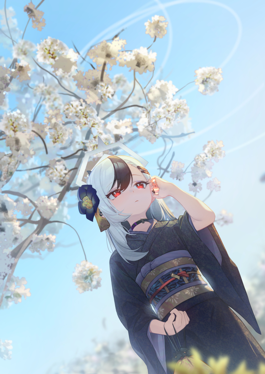 1girl absurdres black_hair black_horns black_kimono blue_archive blurry cherry_blossoms commentary day demon_girl demon_horns depth_of_field from_below hair_between_eyes highres horns japanese_clothes kayoko_(blue_archive) kayoko_(new_year)_(blue_archive) kimono looking_ahead multicolored_hair official_alternate_costume official_alternate_hairstyle outdoors print_kimono red_eyes saw272 solo streaked_hair white_hair wide_sleeves