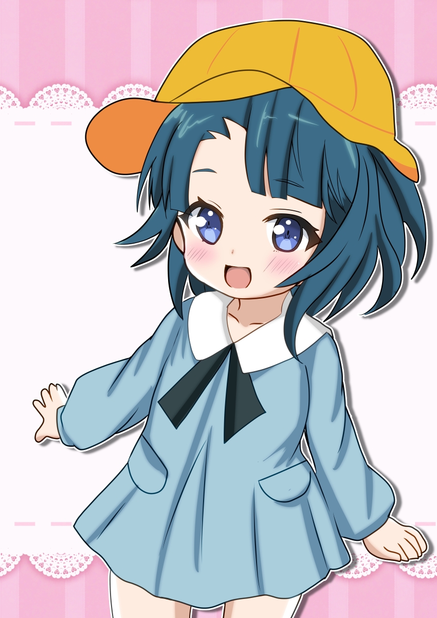 1girl :d absurdres aged_down aizawa_kazuha arms_at_sides assault_lily asymmetrical_hair blue_dress blue_eyes blue_hair blush child commentary cowboy_shot dress ebisu_nobu hat highres kindergarten_uniform lace_background long_sleeves looking_at_viewer medium_hair official_alternate_costume open_mouth pink_background pocket school_hat smile solo standing striped_background two-tone_background white_background yellow_hat