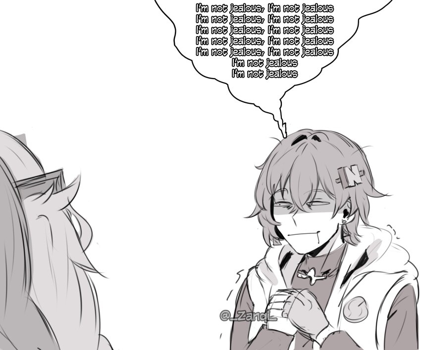 3girls absurdres belle_(zenless_zone_zero) black_shirt closed_mouth commentary crossed_bangs earrings english_commentary english_text fingerless_gloves gloves greyscale hair_between_eyes hair_ornament half-closed_eyes highres jewelry letter_hair_ornament long_hair looking_at_another monochrome multiple_girls shirt short_hair simple_background single_fingerless_glove sleeveless sleeveless_jacket speech_bubble trigger_(zenless_zone_zero) tsukishiro_yanagi twitter_username white_background yuri zanqi zenless_zone_zero