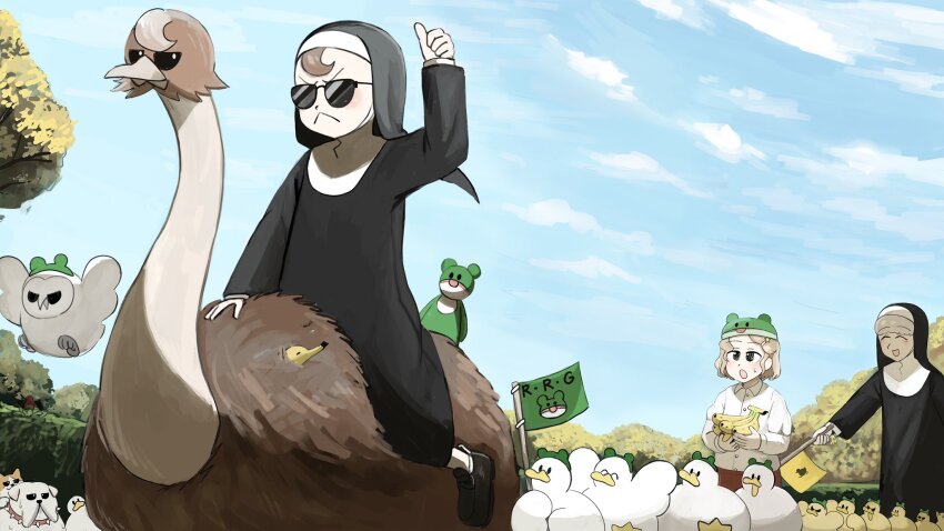 3girls :&lt; :d :o banana bird brown_hair bulldog cat chicken commentary diva_(hyxpk) dog duck duckling english_commentary food frog_headband froggy_nun_(diva) fruit grey_hair habit hair_ornament highres light_brown_hair little_nuns_(diva) little_star_girl_(diva) multiple_girls nun open_mouth ostrich outdoors owl riding riding_bird sheep_nun_(diva) shirt short_hair slice_of_life smile star_(symbol) star_hair_ornament sunglasses thumbs_up traditional_nun white_shirt