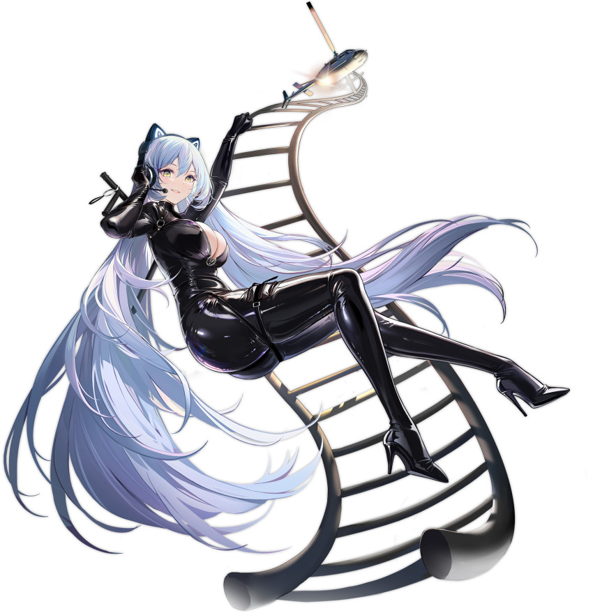 1girl aircraft arkhangelsk_(azur_lane) arkhangelsk_(grandiose_getaway)_(azur_lane) artist_request azur_lane black_bodysuit black_footwear black_gloves bodysuit breasts catsuit cleavage full_body gloves hair_between_eyes headset helicopter high_heels highres ladder large_breasts long_hair microphone official_alternate_costume official_art one_eye_closed parted_lips shiny_clothes silver_hair smile solo transparent_background twintails very_long_hair yellow_eyes