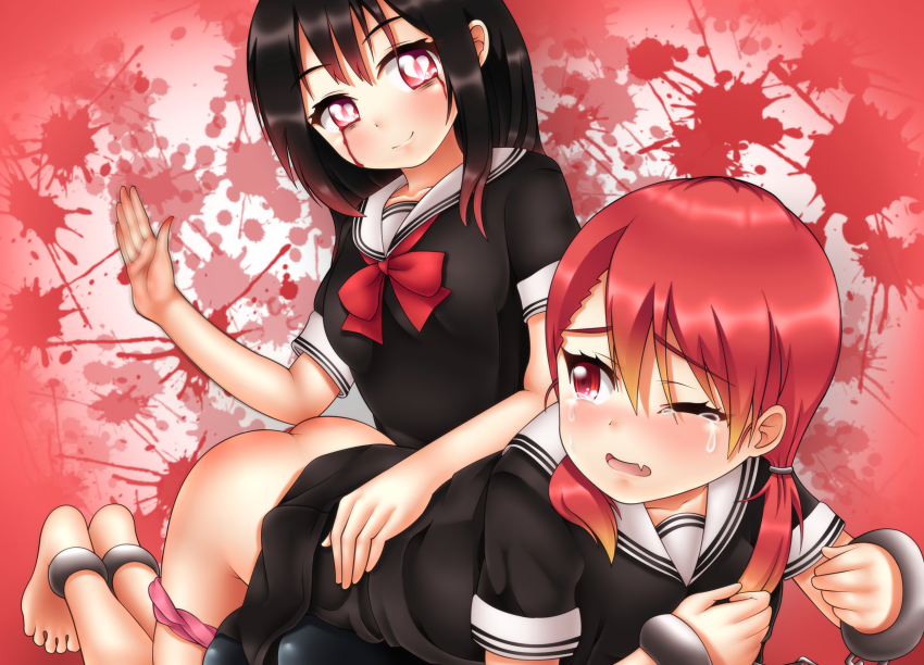 10s 2girls asagiri_aya ass black_hair blood blush butt_crack fang gradient_hair heart heart-shaped_pupils highres mahou_shoujo_site multicolored_hair multiple_girls oooqqq open_mouth panties pink_panties red_hair school_uniform shizukume_sarina smile spanked spanking symbol-shaped_pupils tears underwear yuri