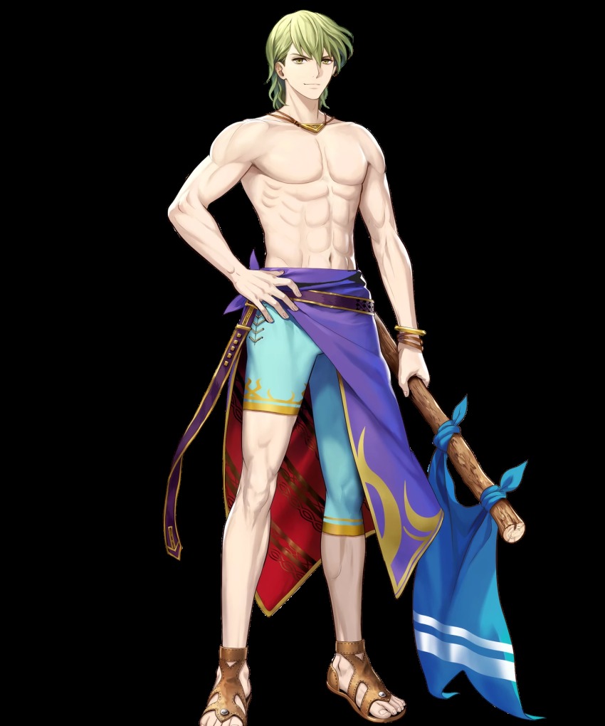 1boy asatani_tomoyo blue_hair fire_emblem fire_emblem:_the_sacred_stones fire_emblem_heroes full_body green_eyes green_hair highres innes_(fire_emblem) innes_(flawless_form)_(fire_emblem) male_focus nintendo official_art short_hair smile solo swimsuit transparent_background
