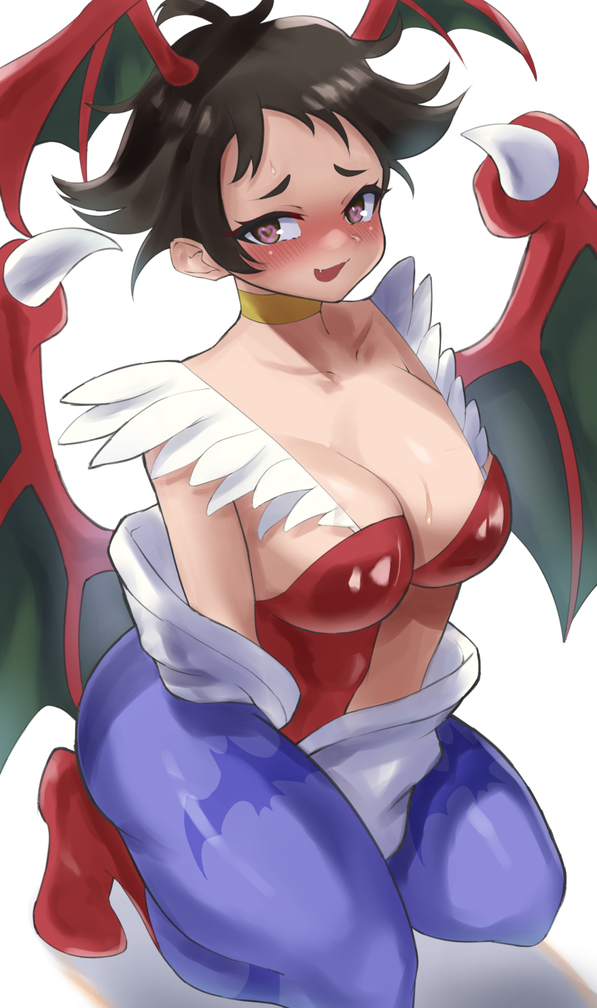1girl absurdres animal_print bat_print black_hair blush breasts capcom cleavage corruption cosplay crossover dark_persona darkstalkers head_wings heart heart-shaped_pupils highres huge_breasts kneeling large_breasts leotard lilith_(darkstalkers) lilith_(darkstalkers)_(cosplay) makoto_(street_fighter) pantyhose possessed possession sato_one1 short_hair street_fighter symbol-shaped_pupils thighs tomboy wings
