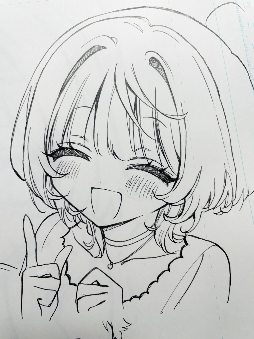 1girl :d akiyama_enma blush choker collarbone commentary_request cropped_shoulders facing_viewer highres index_finger_raised jewelry lineart loose_hair_strand manuscript_paper necklace nib_pen_(medium) noa-senpai_wa_tomodachi. open_mouth pen_(medium) photo_(medium) saotome_noa short_hair smile solo traditional_media