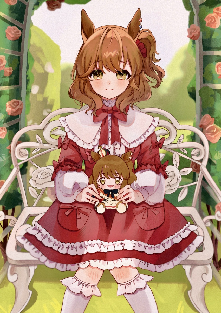 1girl absurdres alternate_costume animal_ears arch aston_machan_(umamusume) blurry brown_hair character_doll collar depth_of_field doll dress earrings floral_arch flower frilled_collar frilled_dress frilled_socks frills hair_ornament hair_scrunchie highres holding holding_doll horse_ears jewelry looking_at_viewer neck_ribbon nekono_chigu outdoors red_dress red_ribbon ribbon rose scrunchie side_ponytail sitting smile socks solo umamusume yellow_eyes