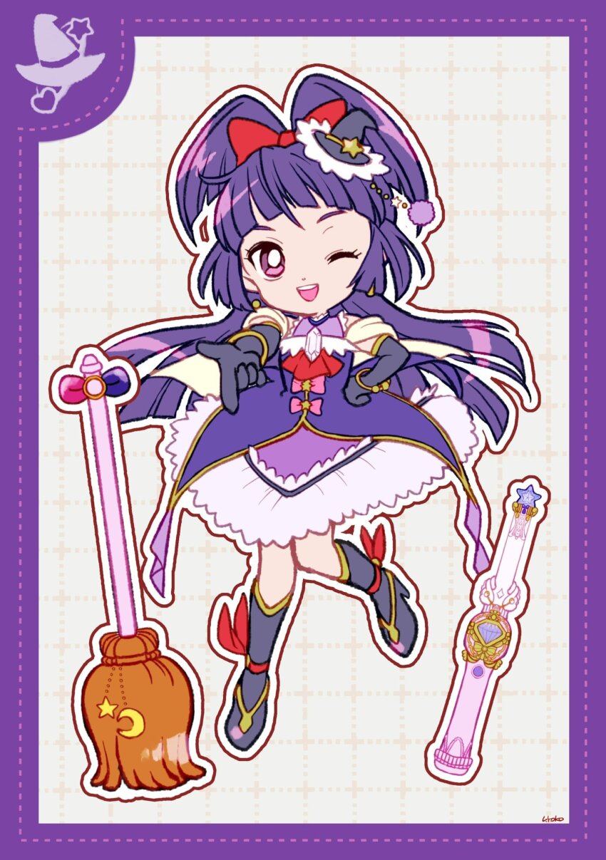 1girl ankle_bow ankle_ribbon ascot bare_shoulders black_gloves black_hat black_shoes black_socks blunt_bangs blunt_ends border bow bow_button bracelet bright_pupils broom cure_magical deformed dot_nose dotted_line dress earrings elbow_gloves eyelashes floating_clothes floating_hair frilled_dress frills full_body gloves gold_bracelet grey_background grid_background hair_bow hand_on_own_hip happy hat hat_ornament high_heels high_ponytail highres izayoi_liko jewelry kneehighs layered_dress leg_up long_hair looking_at_viewer magical_girl mahou_girls_precure! medium_dress mini_hat mini_witch_hat one_eye_closed open_mouth outline pink_bow pointing ponytail precure purple_border purple_dress purple_eyes purple_hair red_ascot red_bow ribbon shawl shoes short_ponytail signature sleeveless sleeveless_dress smile socks solo split_ponytail star_(symbol) star_earrings star_hat_ornament star_wand stiletto_heels teeth upper_teeth_only uwded_207 very_long_hair white_outline white_pupils white_shawl witch_hat