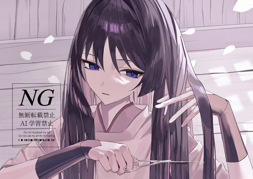 1boy alternate_hair_length alternate_hairstyle appon_pon armor black_hair blunt_ends clenched_hand cutting_hair cutting_own_hair empty_eyes eyeliner eyeshadow falling_petals genshin_impact hand_in_own_hair hands_up highres holding holding_scissors japanese_armor japanese_clothes kariginu kimono kote kurokote layered_sleeves long_hair looking_to_the_side makeup open_hand parted_lips petals portrait purple_eyes purple_kimono purple_sleeves red_eyeliner red_eyeshadow scaramouche_(genshin_impact) scaramouche_(kabukimono)_(genshin_impact) scissors solo tsurime v-neck watermark white_petals white_sleeves wispy_bangs