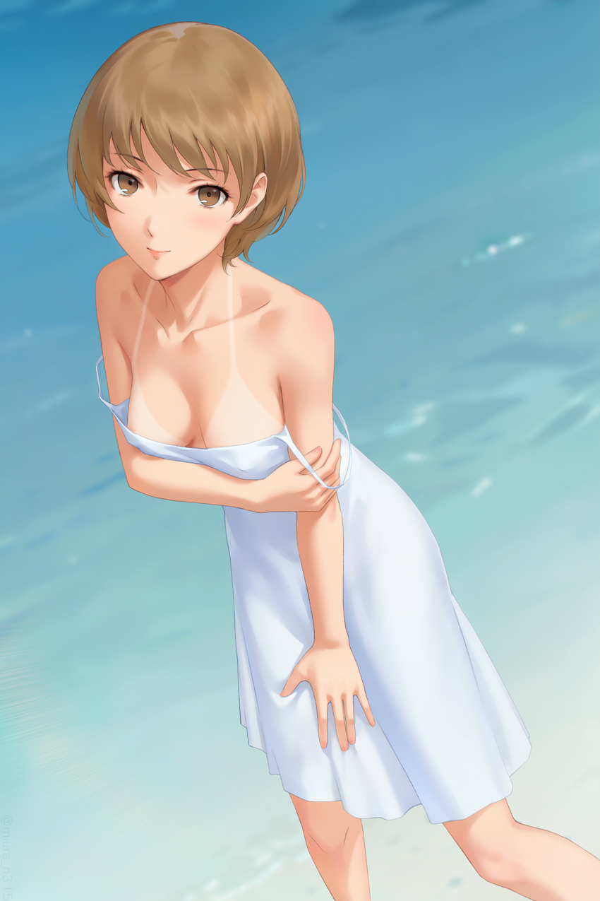 1girl areola_slip bare_shoulders beach bikini_tan blue_background blush breasts brown_eyes brown_hair closed_mouth collarbone covered_erect_nipples dress dutch_angle eyelashes feet_out_of_frame hand_on_own_arm highres looking_at_viewer medium_breasts miura-n315 ocean outdoors parted_lips persona persona_4 satonaka_chie short_hair smile solo standing strap_slip swept_bangs tan tanline water white_dress