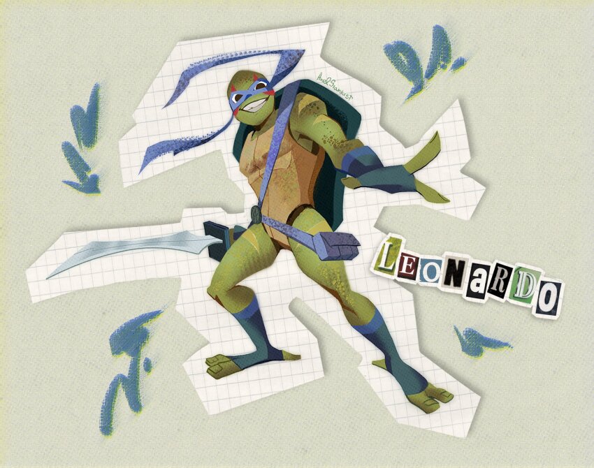 1boy animal_feet aqua_gloves aqua_socks belt belt_bag belt_buckle black_eyes blue_bag blue_belt blue_mask buckle character_name chest_belt commentary commission english_commentary eye_mask fingerless_gloves fingernails full_body furry furry_male gloves grey_background grin happy highres holding holding_sword holding_weapon kneehighs leonardo_(tmnt) looking_at_viewer male_focus marking_on_cheek ninja outline outstretched_arm smile socks solo standing stardust_axel stirrup_legwear sword teenage_mutant_ninja_turtles toeless_legwear toenails turtle_boy turtle_shell weapon white_outline