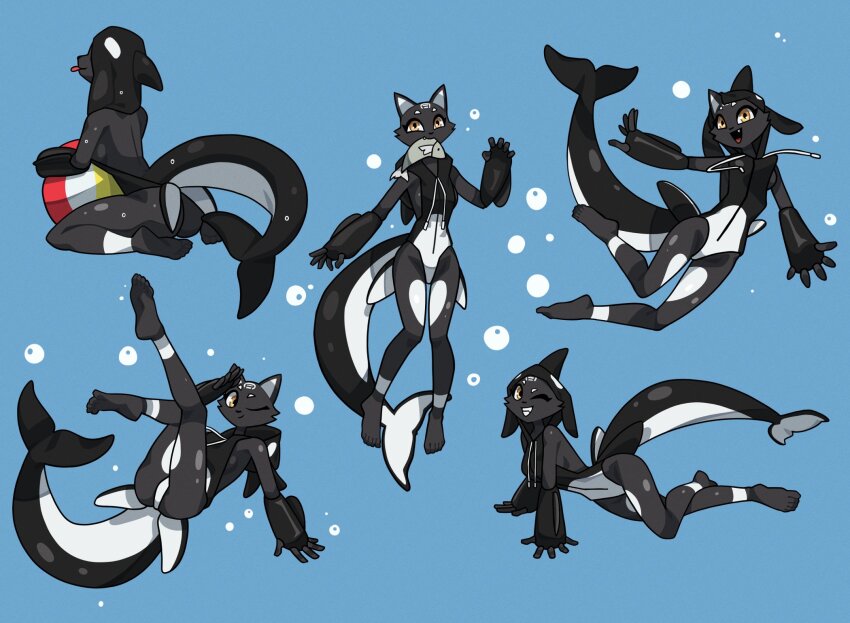 1girl :d ;) ;d animal_ears ass ball barefoot beachball black_fur black_leotard blue_background cetacean_tail commentary english_commentary fang fins fish fish_tail full_body furry highres leotard multiple_views one_eye_closed open_mouth original sideless_leotard smile tail this_is_nulia tongue white_leotard yellow_eyes