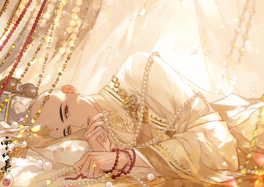 1boy bald bead_bracelet bead_curtain beads bed bracelet canopy_bed chinese_clothes chinese_commentary curtains facial_mark forehead_mark forehead_tattoo hanfu holding holding_jewelry holding_necklace incense_burner indoors jewelry long_sleeves looking_at_viewer lying male_focus monk necklace on_bed on_side parted_lips pearl_necklace pillow prayer_beads red_eyes robe seal_impression solo sunlight unworn_jewelry unworn_necklace upper_body white_hanfu white_robe wide_sleeves xuedaixun yao_guang_lu